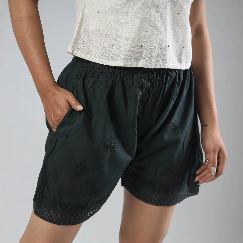 Black - Chikankari Hand Embroidered Cotton Short