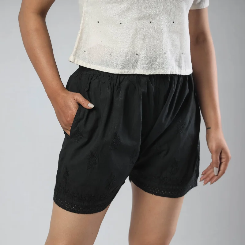 Black - Chikankari Hand Embroidered Cotton Short