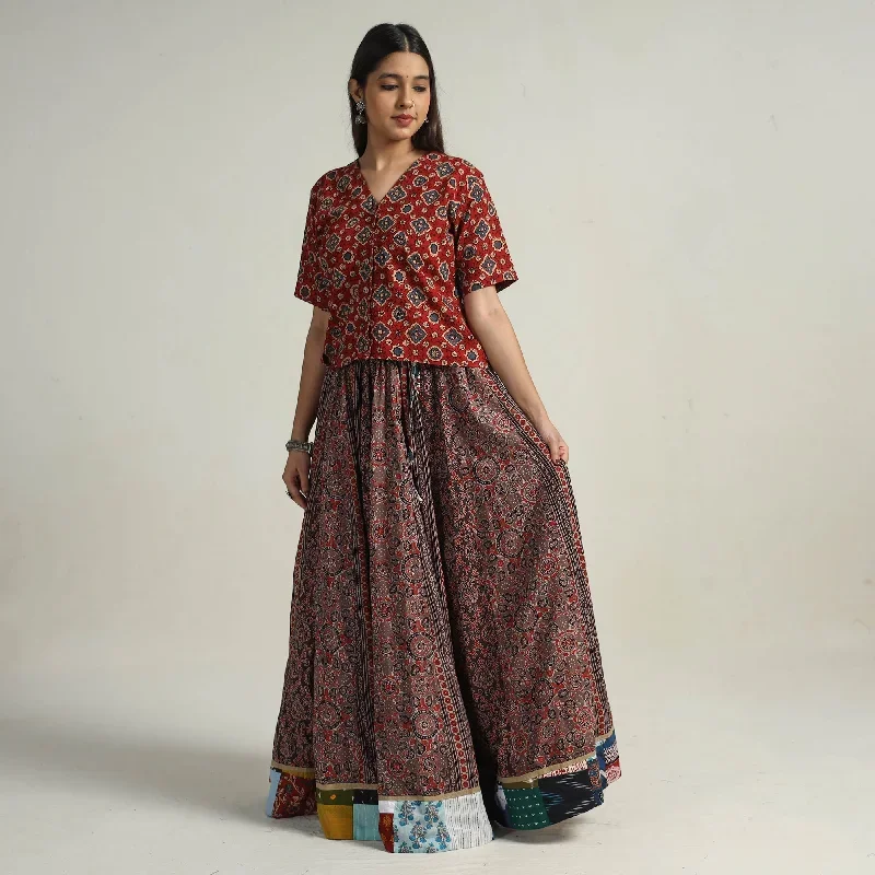 Brown - Kutch Block Printed 24 Kali Cotton Long Skirt 40