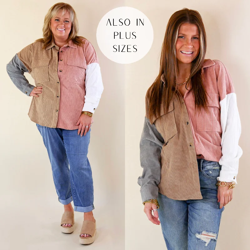 Cozy Perk Button Up Color Block Corduroy Shacket in Blush Pink and Tan