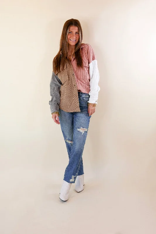 Cozy Perk Button Up Color Block Corduroy Shacket in Blush Pink and Tan