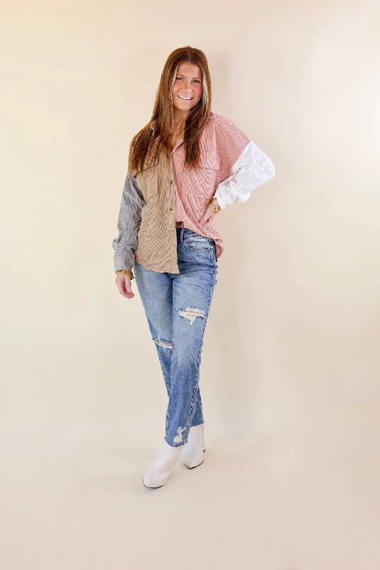 Cozy Perk Button Up Color Block Corduroy Shacket in Blush Pink and Tan