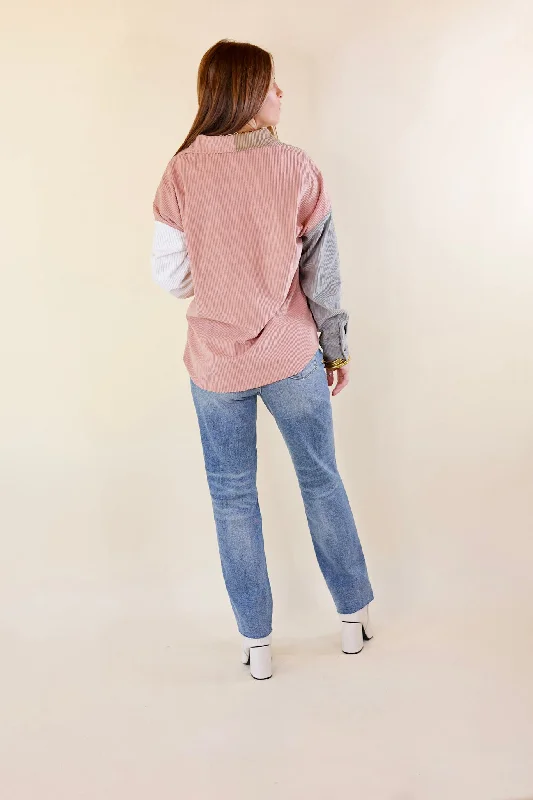 Cozy Perk Button Up Color Block Corduroy Shacket in Blush Pink and Tan