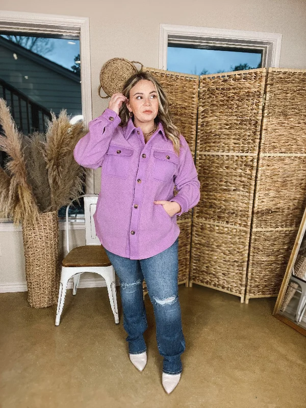 Hollywood Hike Button Up Fleece Jacket with Pockets in Lilac Purple