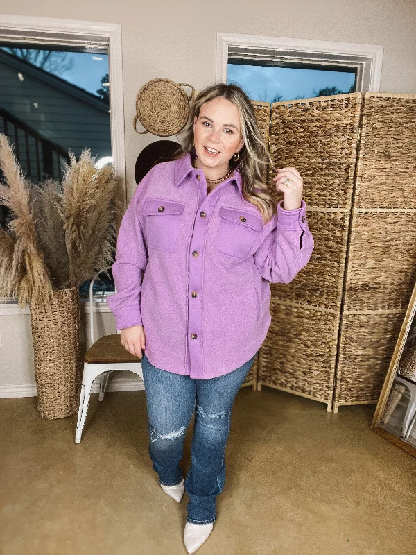 Hollywood Hike Button Up Fleece Jacket with Pockets in Lilac Purple