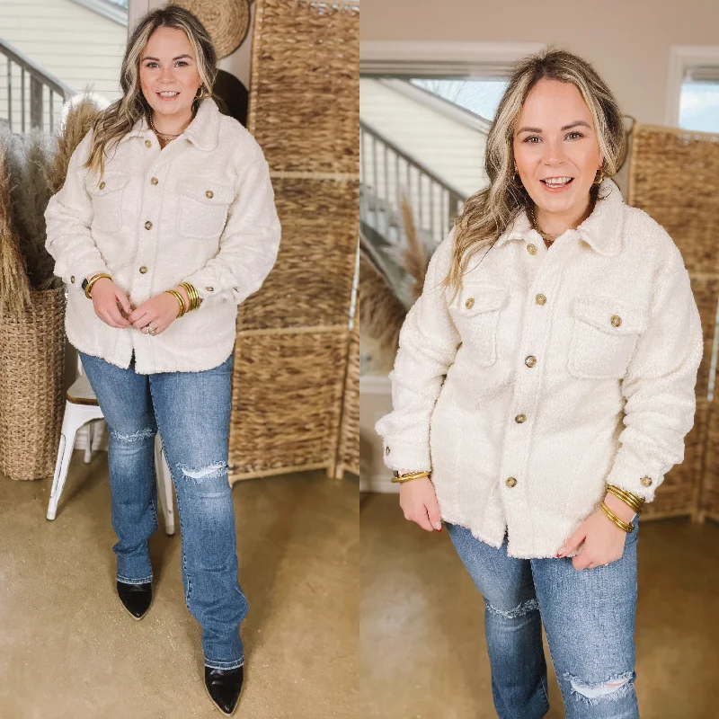 Snowy Afternoon Button Up Sherpa Shacket in Ivory