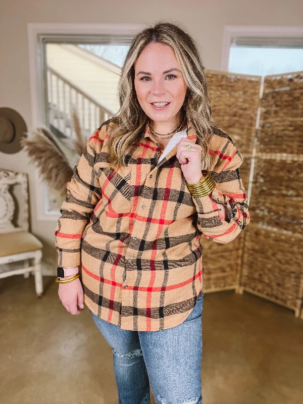 Soft and Dreamy Fur Lined Plaid Flannel Shacket in Tan