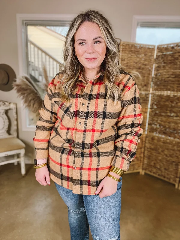 Soft and Dreamy Fur Lined Plaid Flannel Shacket in Tan