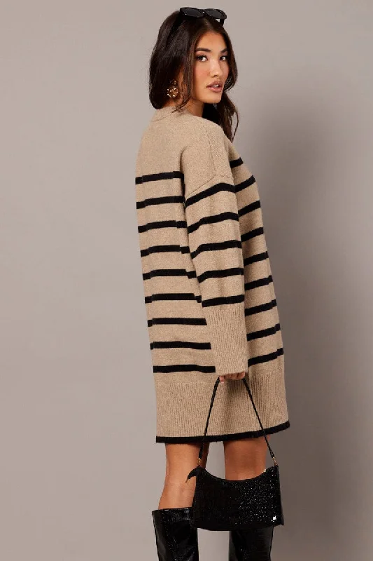 Beige Stripe Knit Dress Long Sleeve Crew Neck Oversized