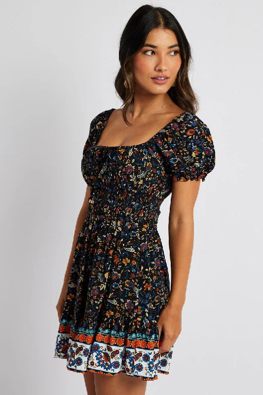 Black Boho Fit and Flare Dress Short Sleeve Ruched Bust