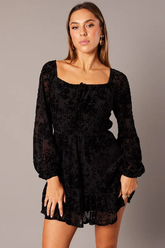 Black Fit and Flare Dress Long Sleeve Burn Out