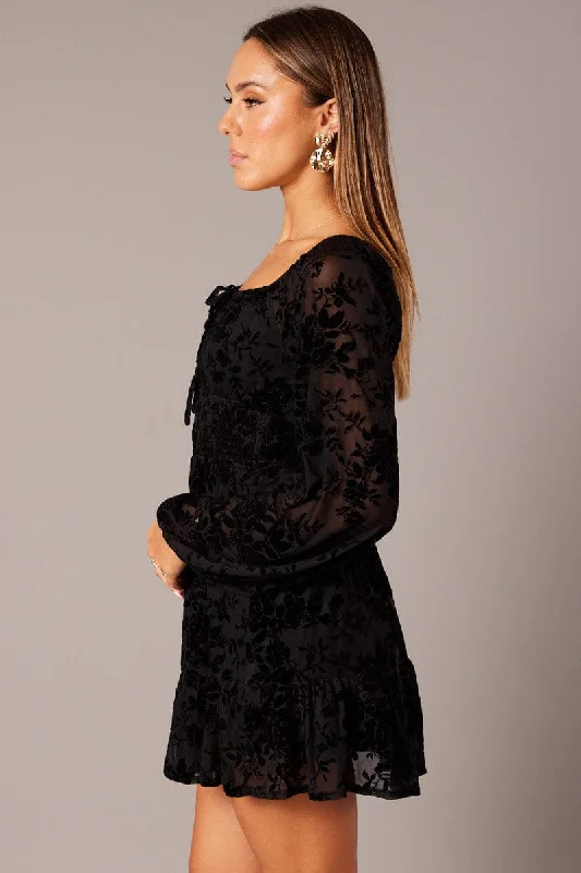 Black Fit and Flare Dress Long Sleeve Burn Out