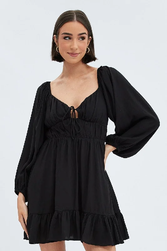 Black Fit and Flare Dress Long Sleeve Cut Out