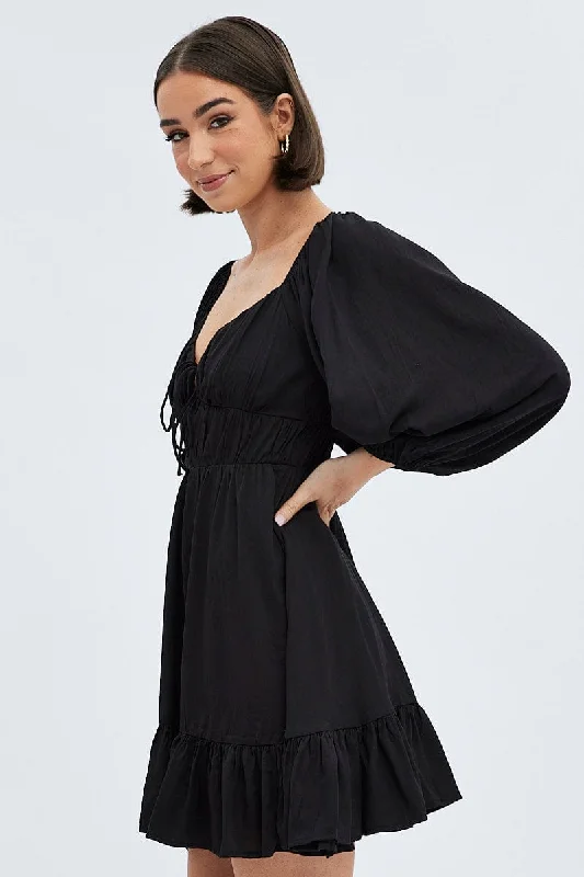 Black Fit and Flare Dress Long Sleeve Cut Out