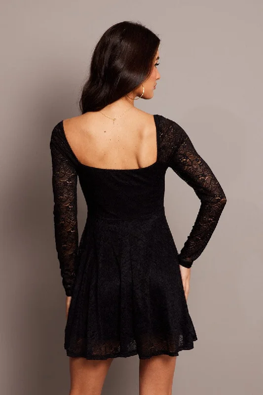 Black Fit And Flare Dress Long Sleeve Lace