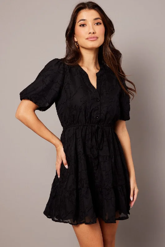 Black Fit And Flare Dress Puff Sleeve Burnout Fabric