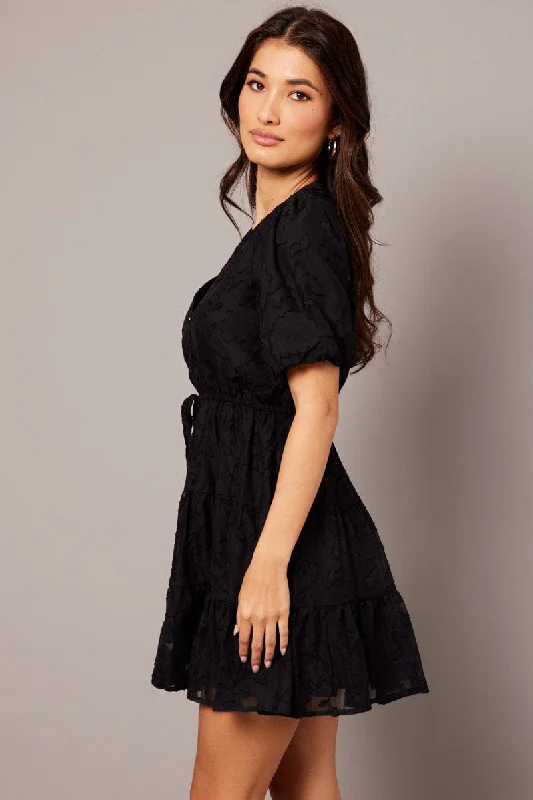 Black Fit And Flare Dress Puff Sleeve Burnout Fabric