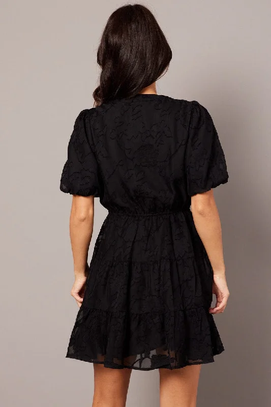 Black Fit And Flare Dress Puff Sleeve Burnout Fabric