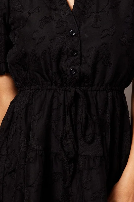 Black Fit And Flare Dress Puff Sleeve Burnout Fabric