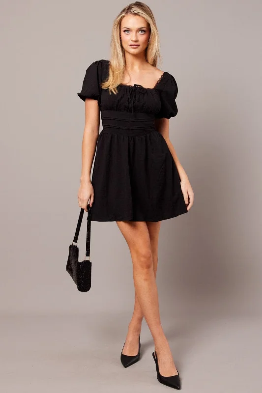 Black Fit And Flare Dress Puff Sleeve