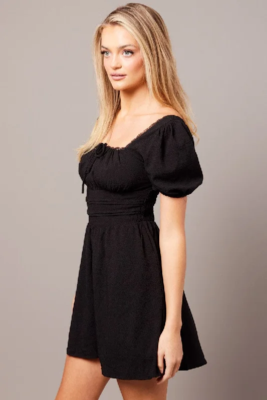 Black Fit And Flare Dress Puff Sleeve