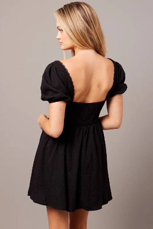 Black Fit And Flare Dress Puff Sleeve