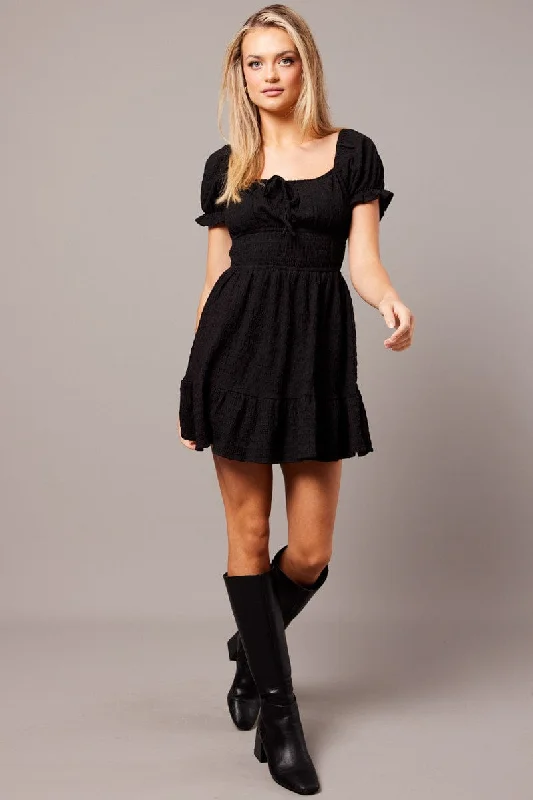 Black Fit And Flare Dress Puff Sleeve Textured fabric