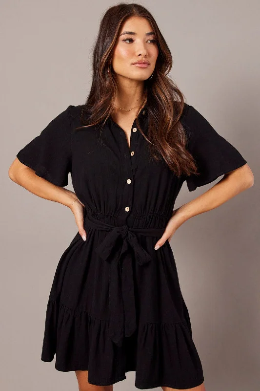 Black Fit And Flare Dress Wing Sleeve