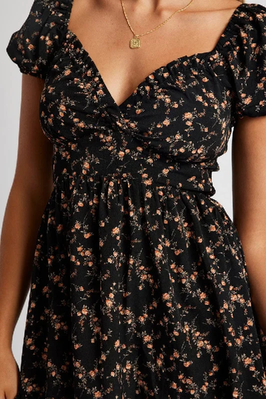 Black Floral Fit And Flare Dress Puff Sleeve