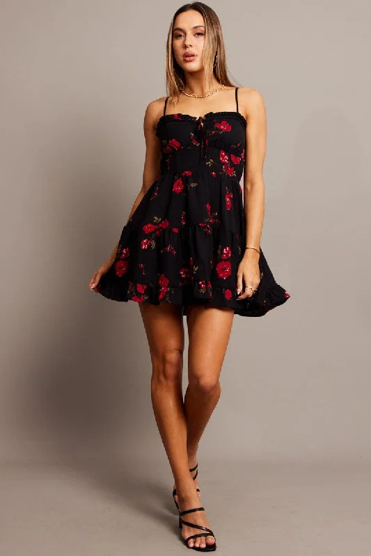 Black Floral Fit and Flare Dress Sleeveless Tiered