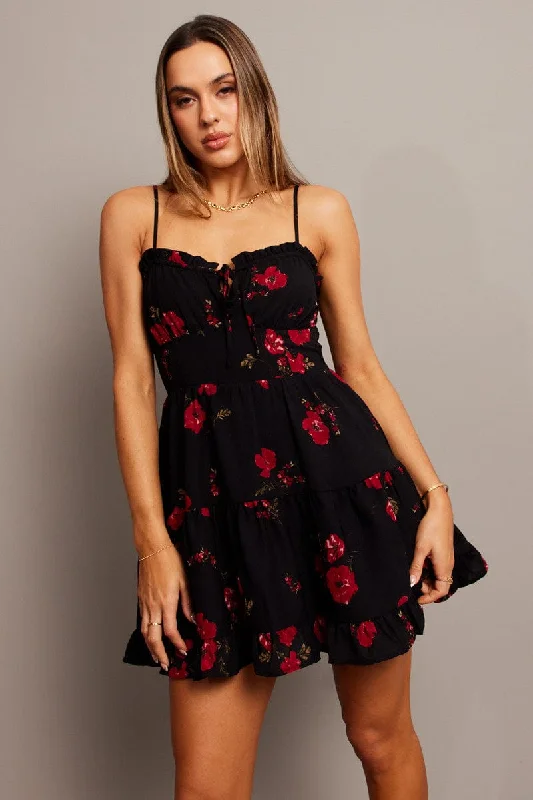 Black Floral Fit and Flare Dress Sleeveless Tiered