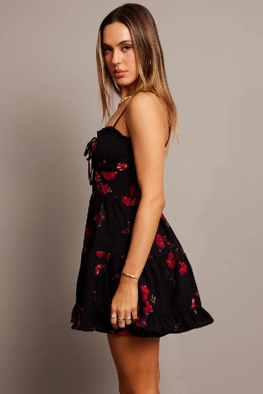 Black Floral Fit and Flare Dress Sleeveless Tiered