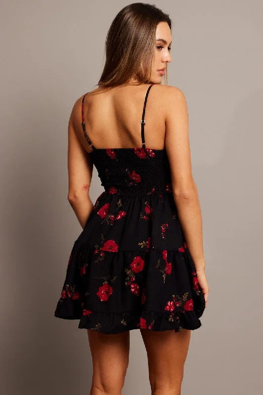 Black Floral Fit and Flare Dress Sleeveless Tiered