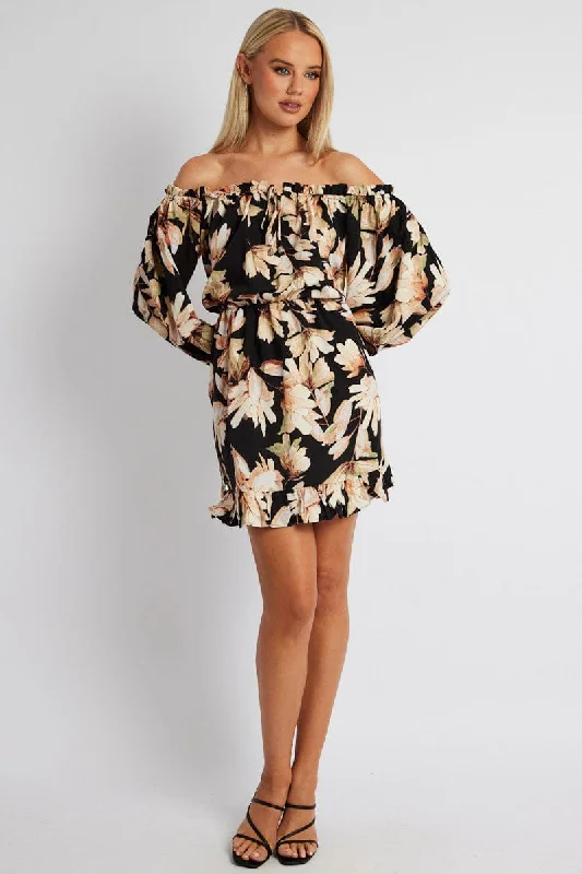 Black Floral Off Shoulder Dress Balloon Sleeve Skater Dress