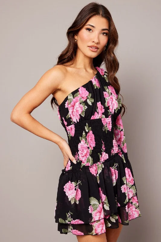 Black Floral One Shoulder Balloon Sleeve Layered Skater Dress