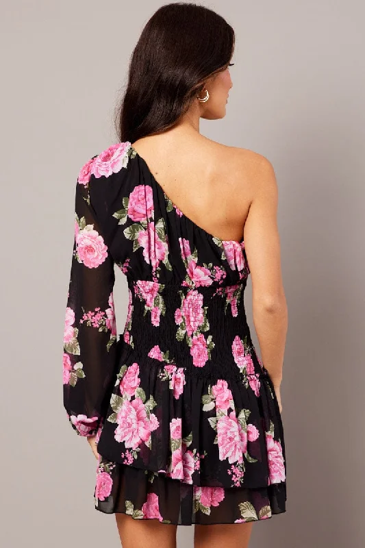 Black Floral One Shoulder Balloon Sleeve Layered Skater Dress