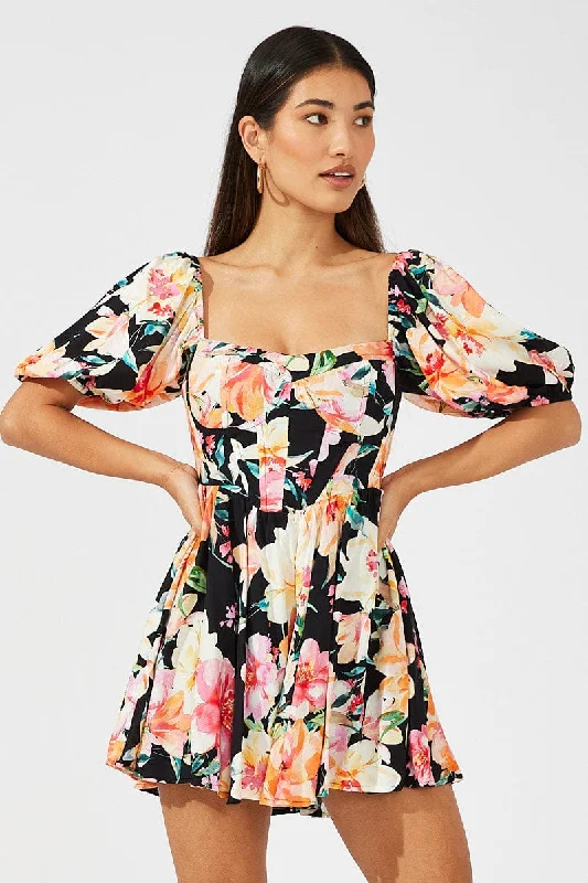 Black Floral Puff Sleeve Skater Dress