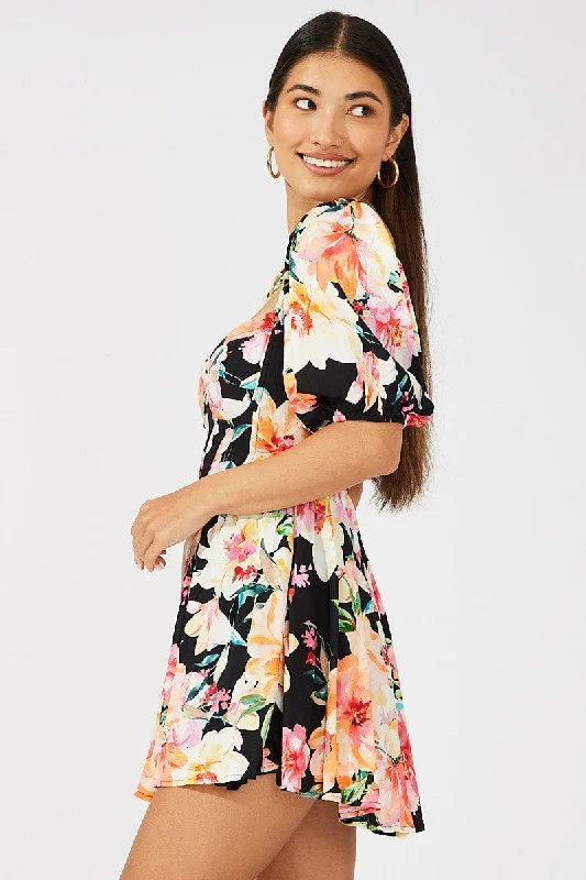 Black Floral Puff Sleeve Skater Dress