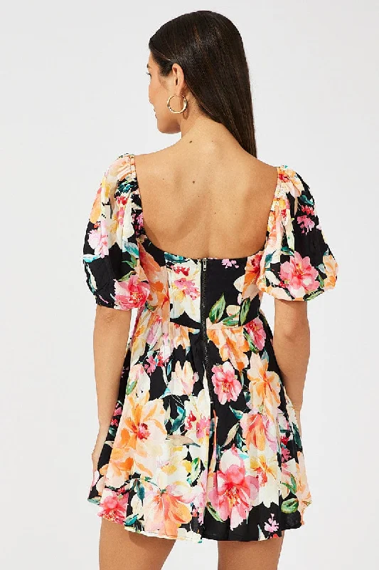 Black Floral Puff Sleeve Skater Dress