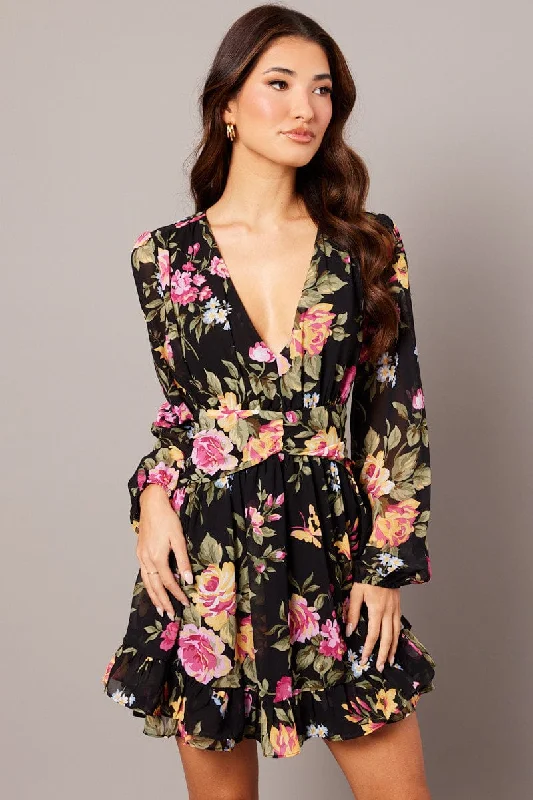 Black Floral Skater Dress Balloon Sleeve Ruffle Frill Dress