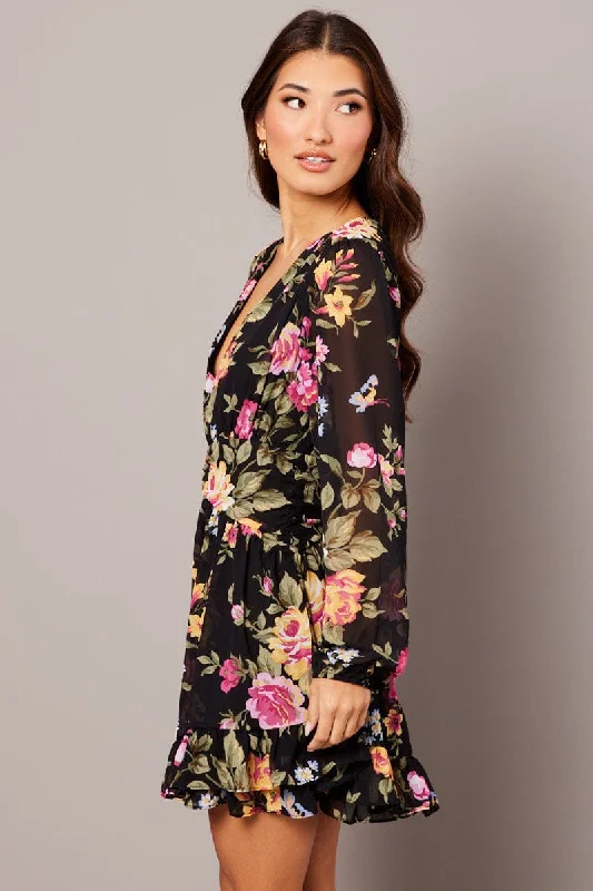 Black Floral Skater Dress Balloon Sleeve Ruffle Frill Dress