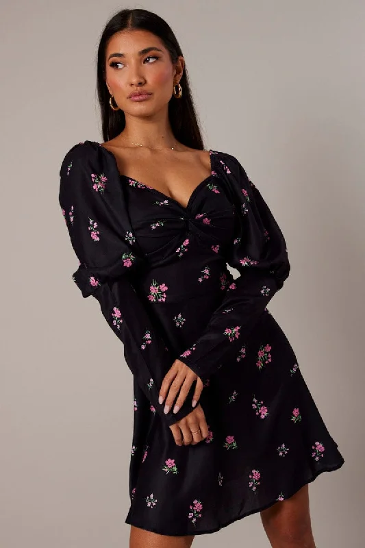 Black Floral Skater Dress Puff Sleeve Dress Swishy