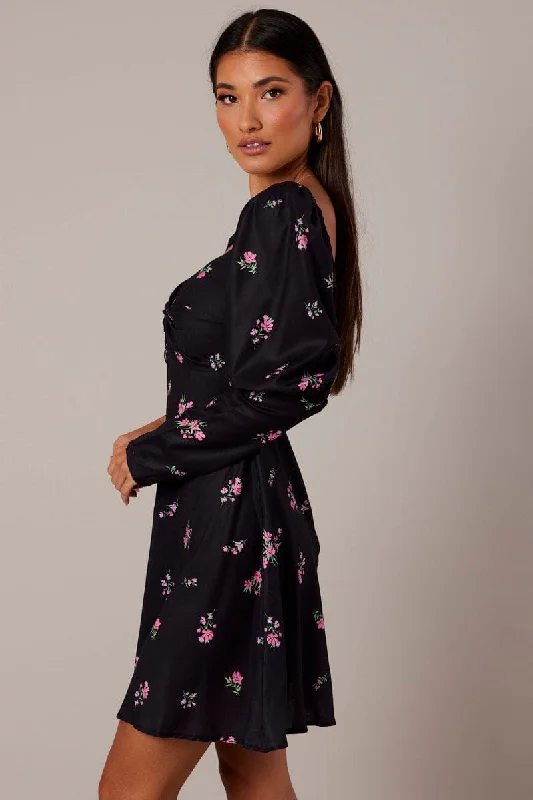 Black Floral Skater Dress Puff Sleeve Dress Swishy