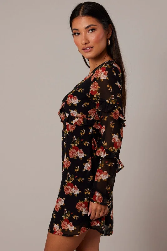 Black Floral Smock Dress Ruffle Sleeve Dress