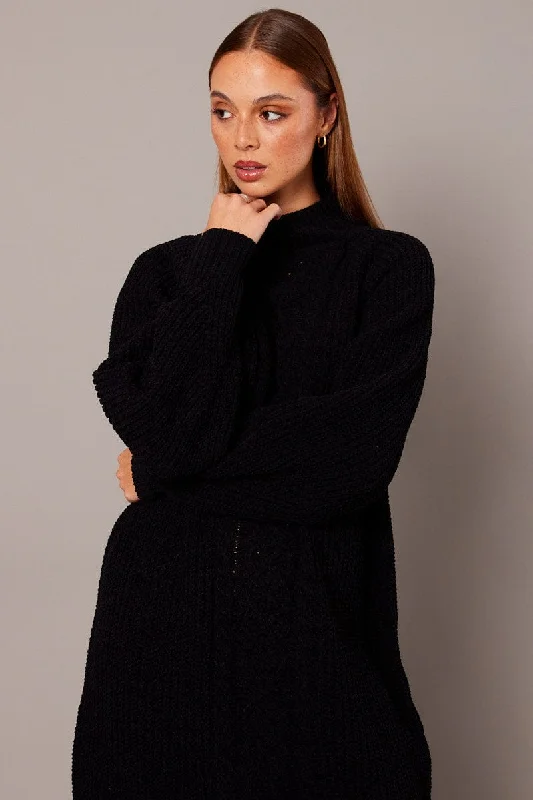 Black Knit Dress High Neck Oversized Chenille