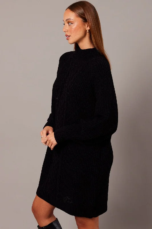 Black Knit Dress High Neck Oversized Chenille