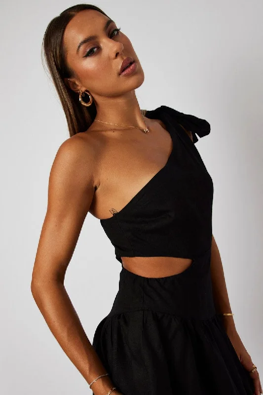 Black One Shoulder Dress Bow Cut Out Swishy Dress