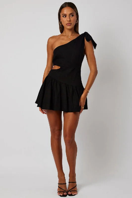 Black One Shoulder Dress Bow Cut Out Swishy Dress