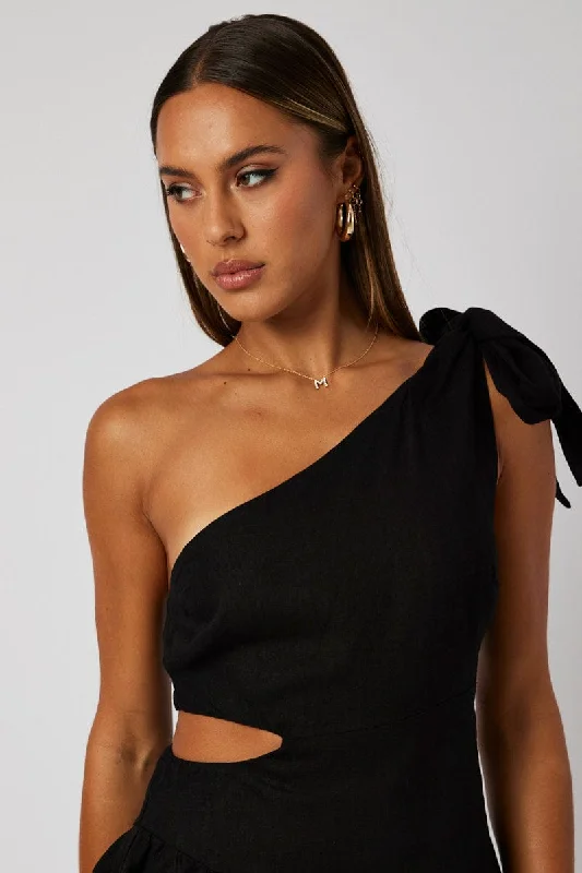 Black One Shoulder Dress Bow Cut Out Swishy Dress