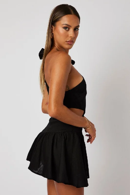 Black One Shoulder Dress Bow Cut Out Swishy Dress